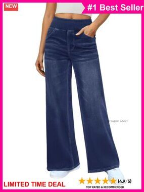 High Waisted Wide Leg Stretchy Denim Jeans Pull On Pockets